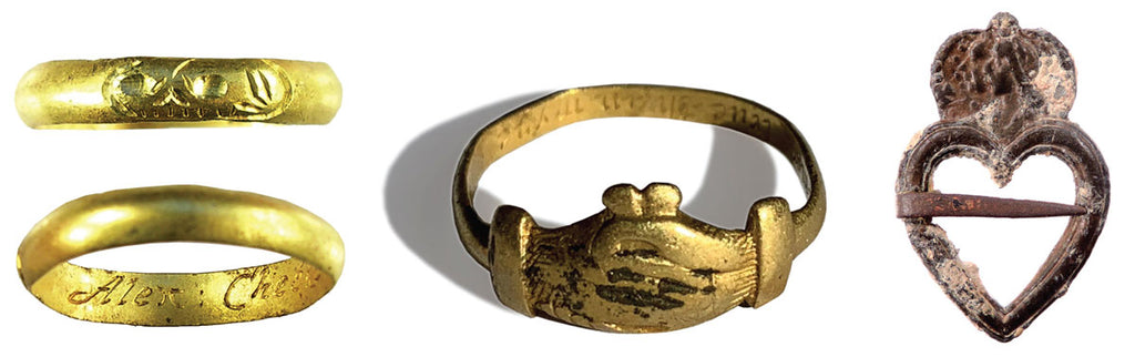 17th-century gold mourning ring, Nick Stevens. 17th-century skeleton ring, Portable Antiquities Scheme. 17th-century gold fede ring, Jason Sandy. 17th-century William & Mary buckle, Portable Antiquities Scheme.