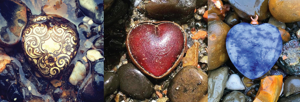 Gold, heart-shaped locket, Simon Bourne.Red glass, heart-shaped locket, Jason Sandy. Sodalite, heart-shaped pendant, Jason Sandy. 