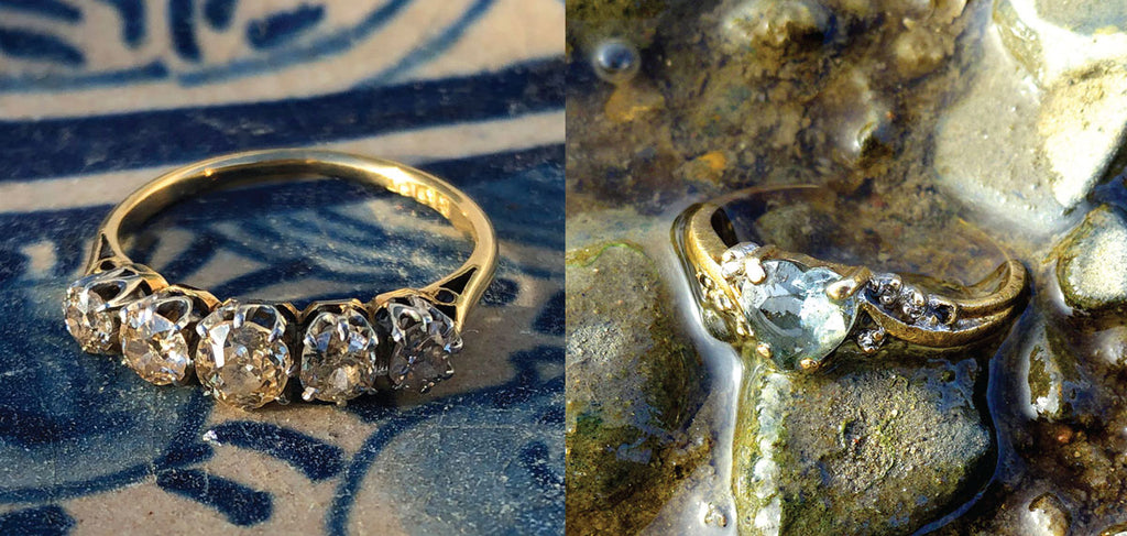 Gold engagement ring with large diamonds, Florence Evans. Gold engagement ring  with aquamarine gemstone, Jason Sandy.