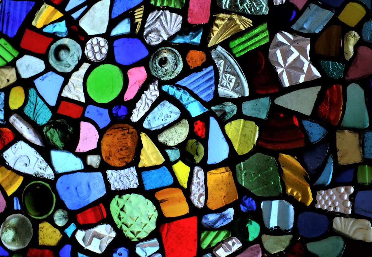 stained glass window made with beach glass from london mudlarker