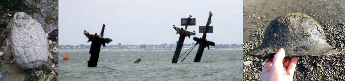 Hand grenade, Nicola White. SS Richard Montgomery in the Thames Estuary, Clem Rutter. World War II Zuckerman helmet