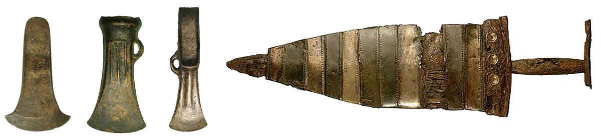 Bronze Age axeheads, Museum of London. Above right: Bronze Age dagger, Museum of London