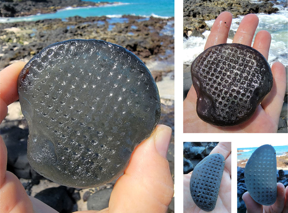 grey sea glass with dots on it