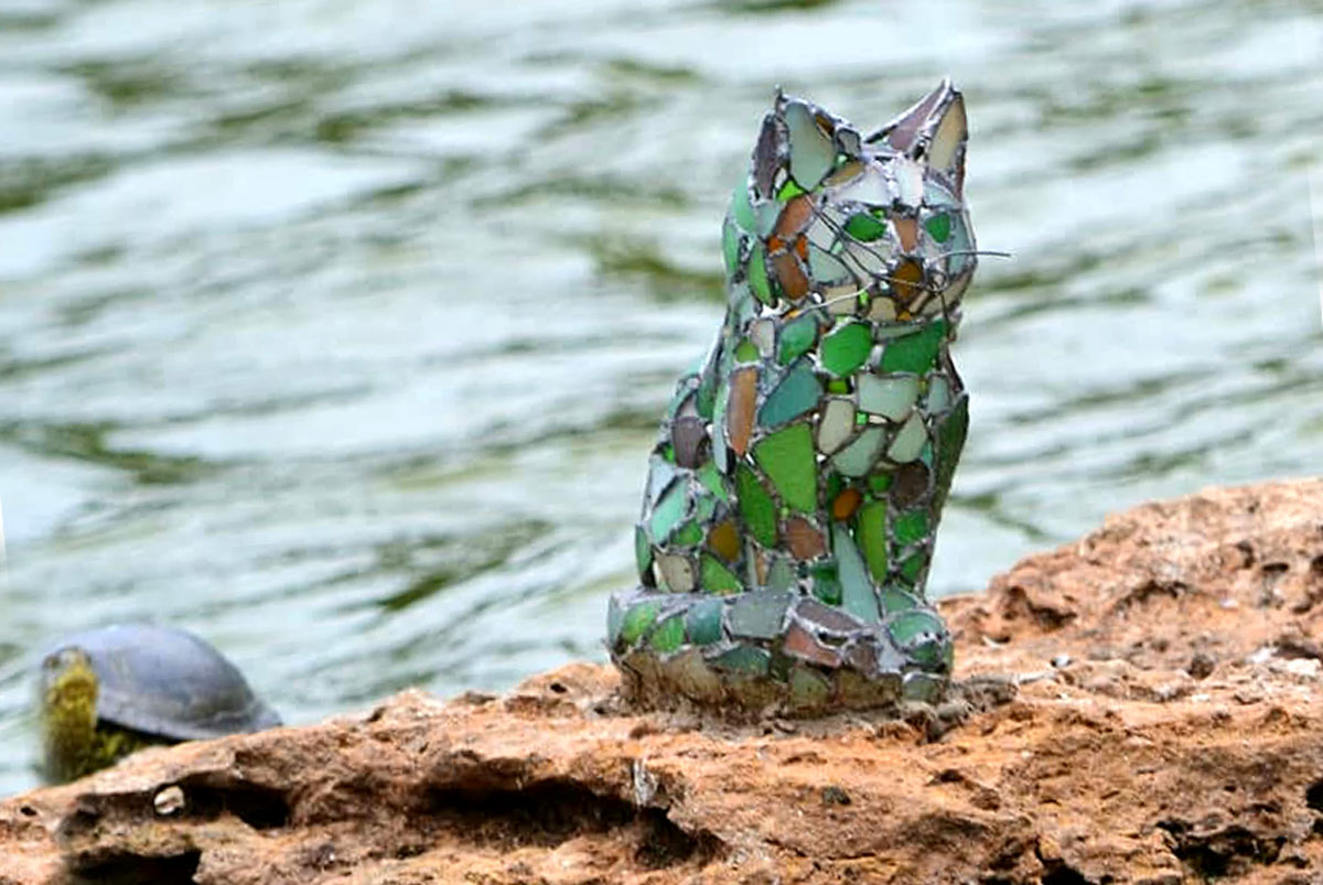 sea glass stained glass cat sculpture