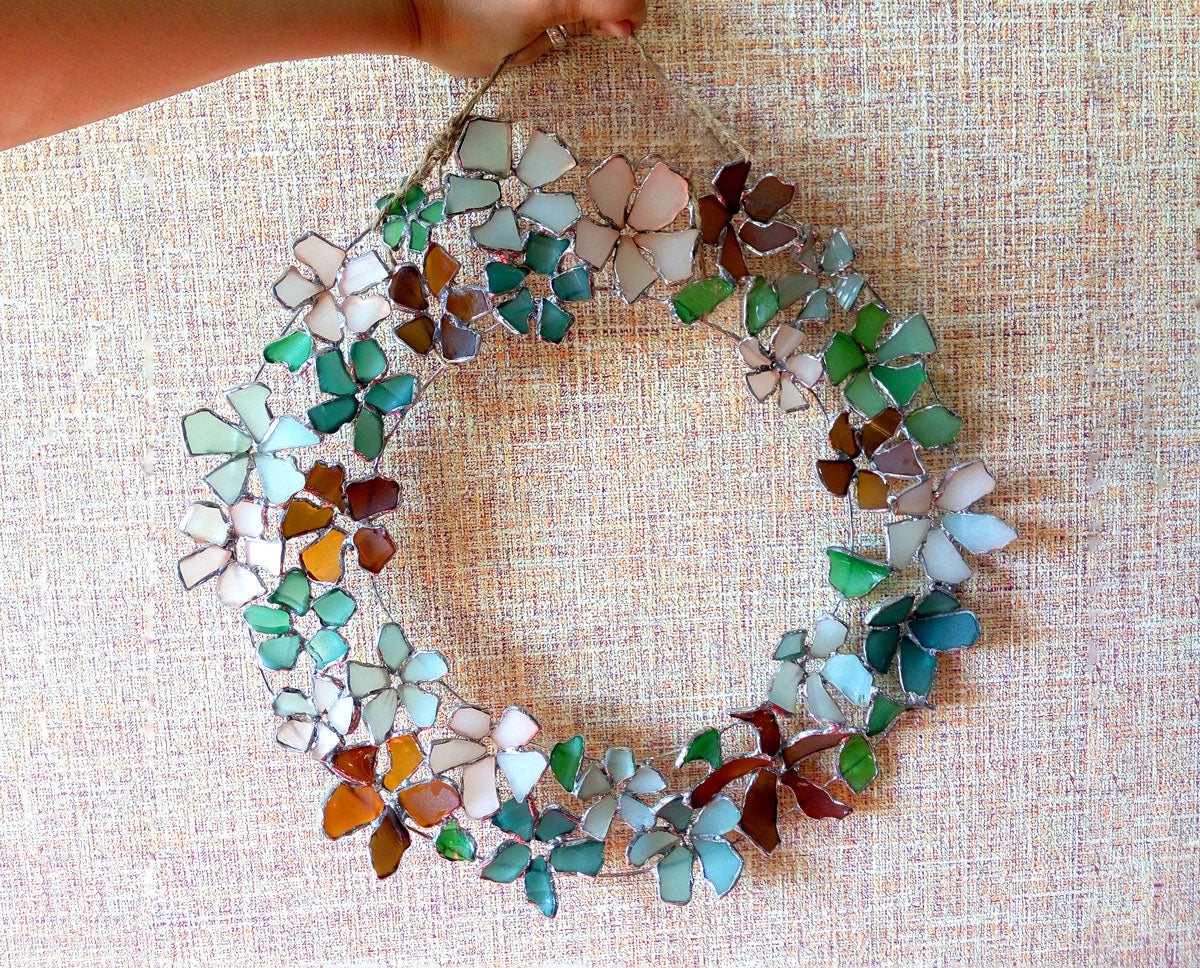 stained glass wreath made with sea glass