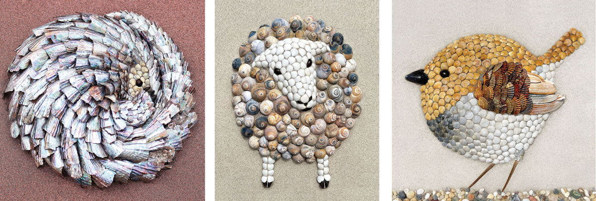 armadillo sheep chickadee mosaics made of sea shells