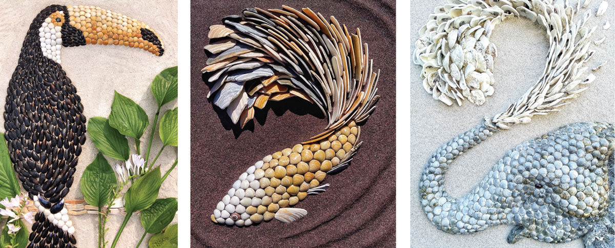 seashell animal mosaics toucan fish elelphant