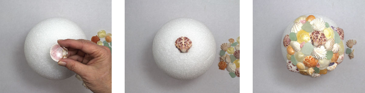 glue sea glass and shells to styrofoam ball