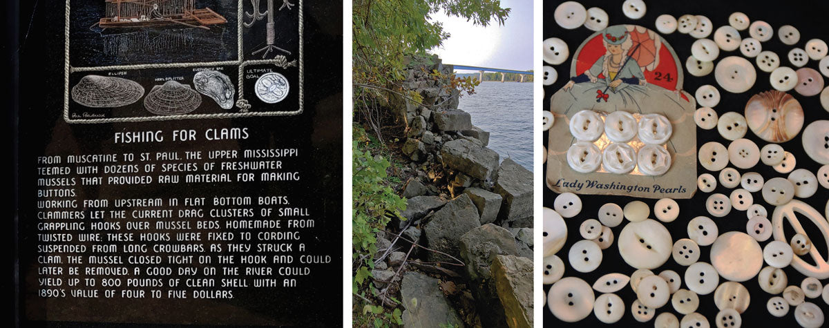 Informational sign and stone ruins, Lady Washington Pearls card and buttons