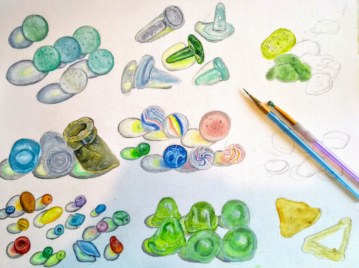 watercolor painting of types of sea glass
