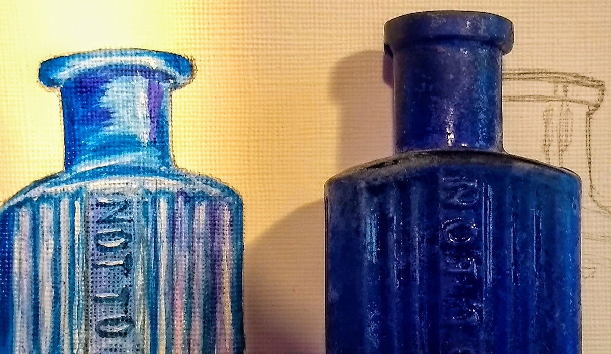 painting of blue poison bottles