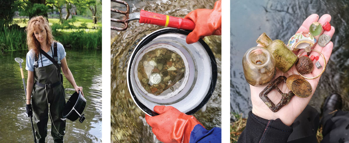 wading in river in england to beach comb