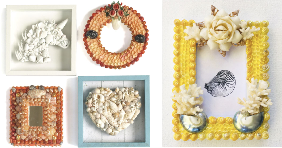 shadow boxes and frames made with sea shells