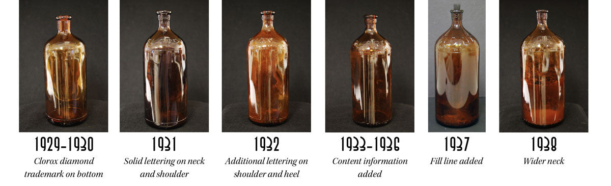 Clorox bottles from 1929 t0 1938