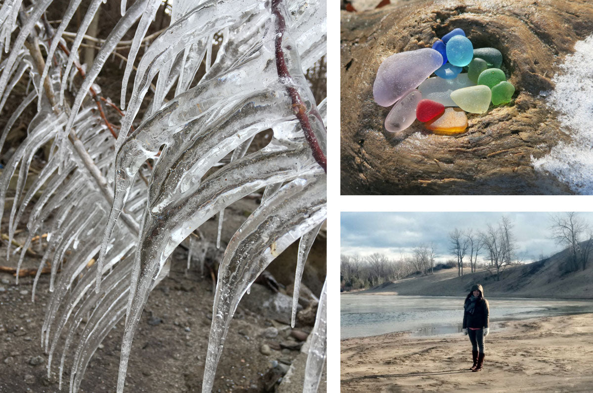 beachcomber hunting for sea glass in canadian winter