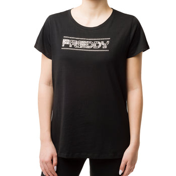 T-shirt nera da donna con logo frontale argento con strass Freddy, Abbigliamento Sport, SKU a712000247, Immagine 0