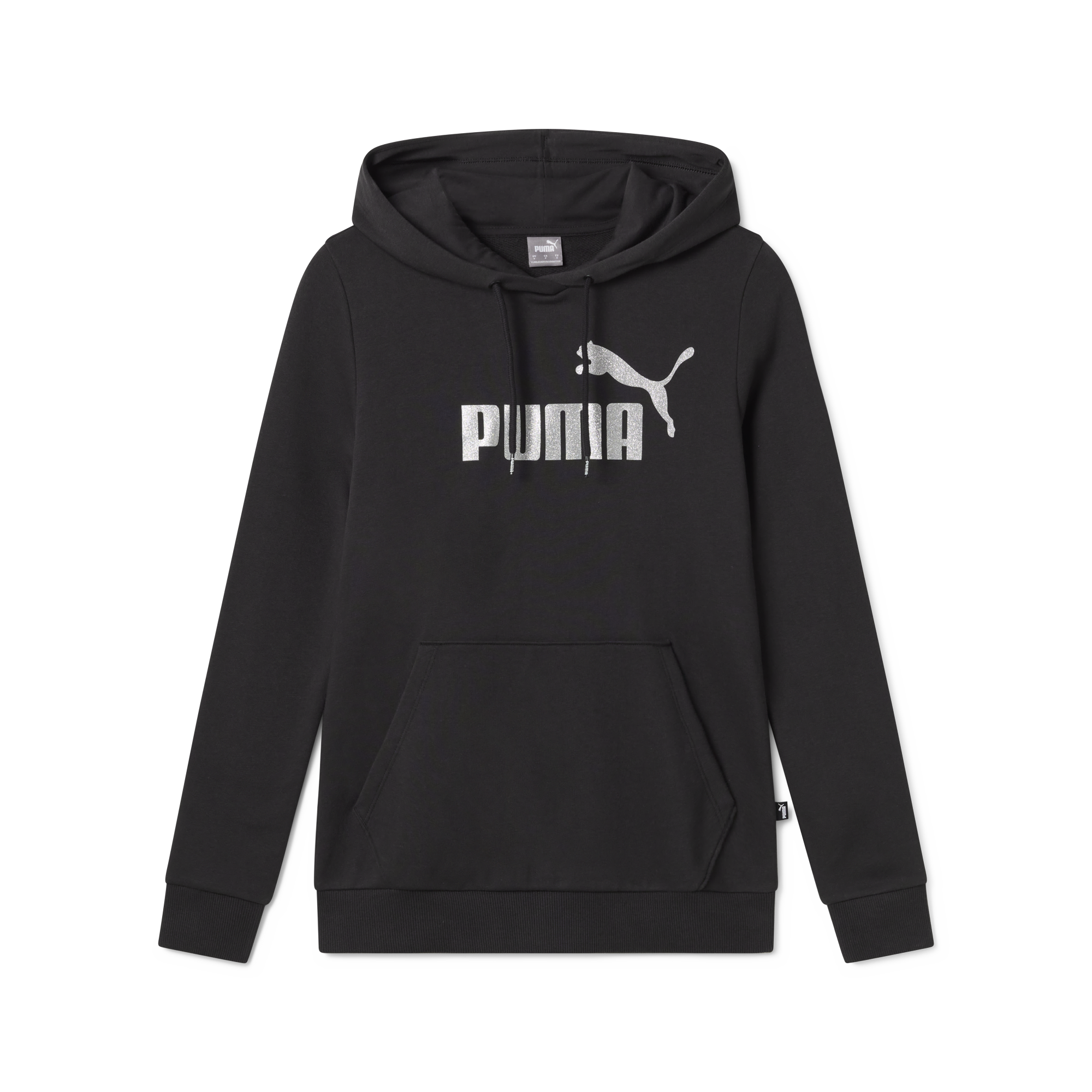 Felpa con cappuccio nera da donna con logo grigio glitterato Puma Essentials+, Abbigliamento Sport, SKU a711000131, Immagine 0