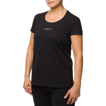 T-shirt stretch nera da donna con logo metallizzato Freddy, Abbigliamento Sport, SKU a712000221, Immagine 0