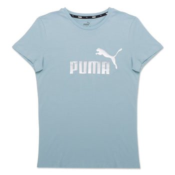 T-shirt azzurra da donna con logo argento Puma Essentials +, Abbigliamento Sport, SKU a712000229, Immagine 0