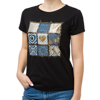 T-shirt nera da donna con dettagli laminati e paillettes Swish Jeans, Abbigliamento Donna, SKU c812000159, Immagine 0