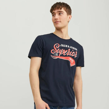 T-shirt blu con logo sul petto da uomo Jack & Jones, Abbigliamento Uomo, SKU c822000207, Immagine 0