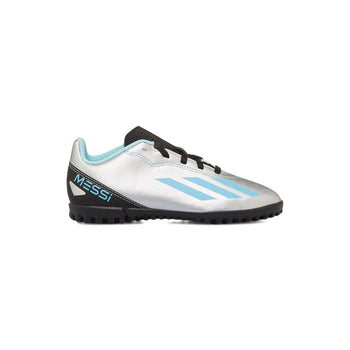 Scarpe da calcetto argento da bambino con strisce azzurre adidas X  Crazyfast Messi.4 TF J