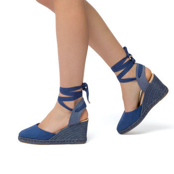 Espadrillas alla schiava blu jeans da donna con zeppa in corda 8 cm Lora Ferres, Donna, SKU w043000721, Immagine 0