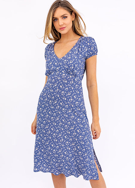 Gilli | Puff Sleeve Ditsy Floral Blue Midi Dress | Haverdash