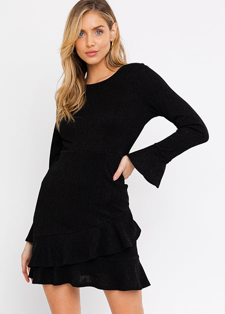 Gilli | Long Sleeve Ruffle Bottom Black Dress | Haverdash