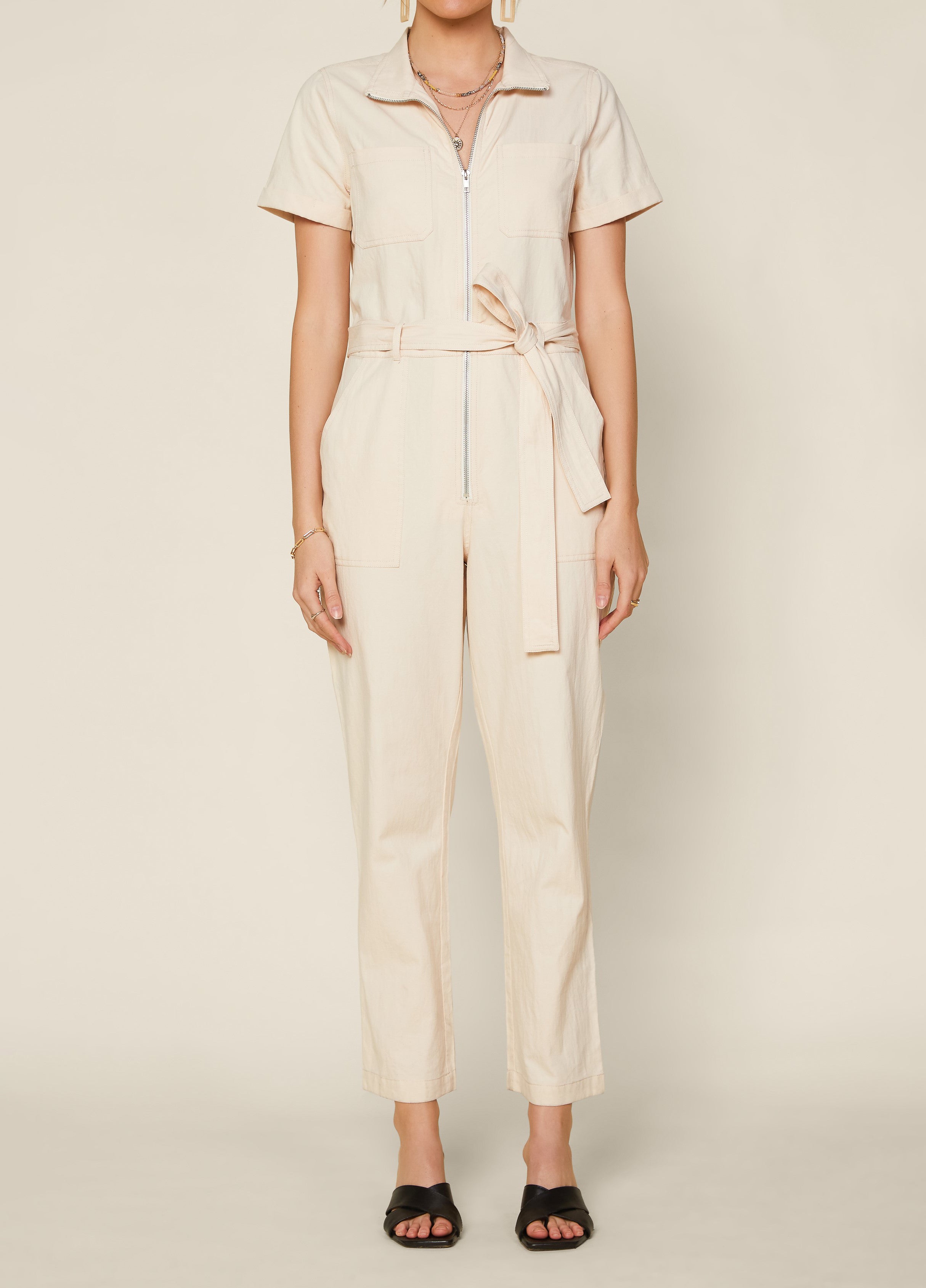 Skies Are Blue | Beige Front Zipper Utility Jumpsuit | Haverdash