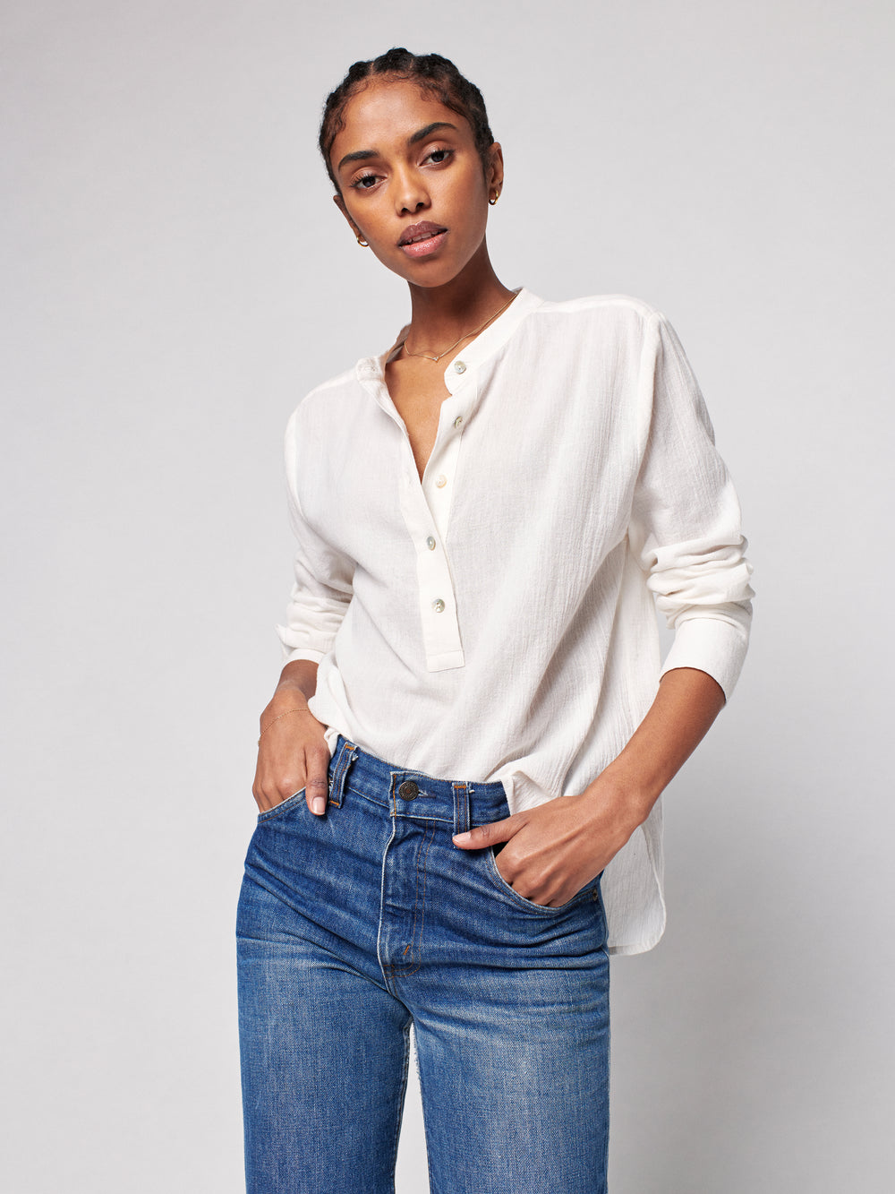 Faherty Brand | Dream Cotton Gauze Collarless Shirt In White | Haverdash