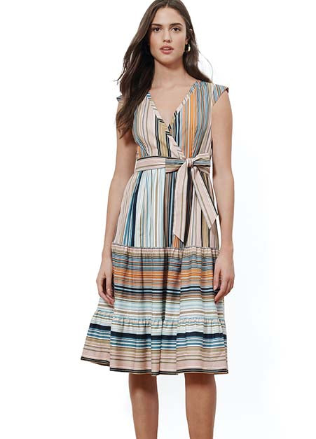 Donna Morgan | Mixed Stripe Tiered Wrap Dress | Haverdash