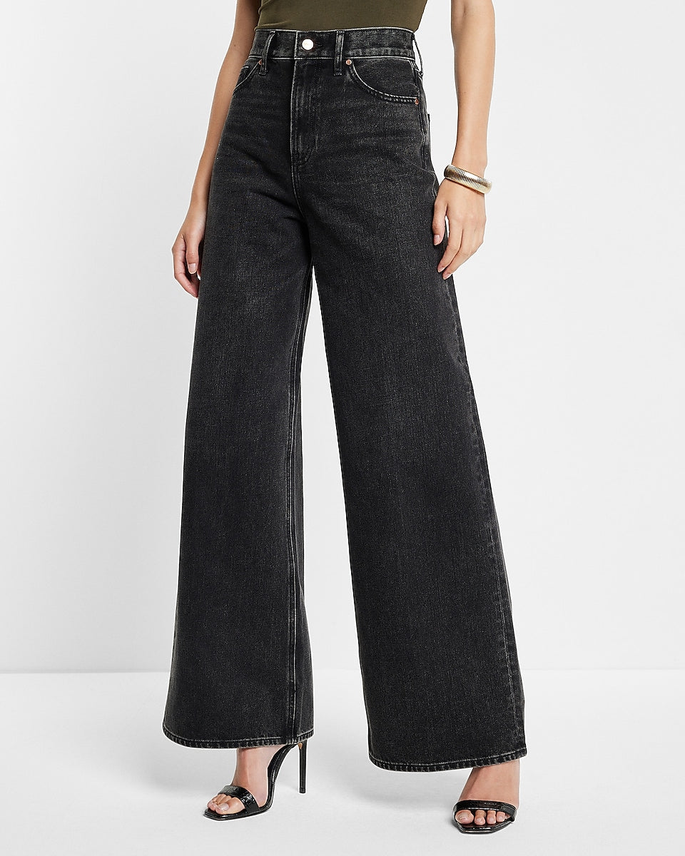 Express  Super High Waisted Black Baggy Wide Leg Jeans in Pitch