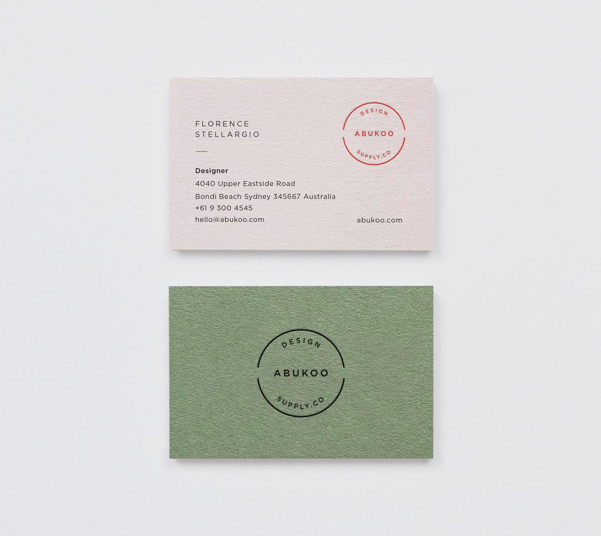 Minimal business card design and visual identity for Abukoo