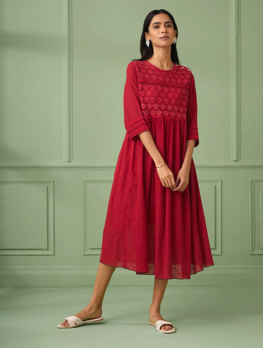 Red Calf-Length Lace Dress