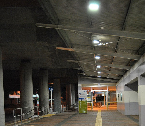 LED canopies on train station walkway