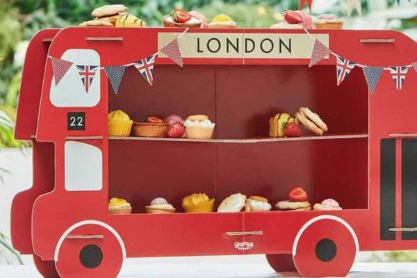 Royal Coronation Red Bus Cake Stand I Royal Coronation Party Ideas Blog I My Dream Party Shop 