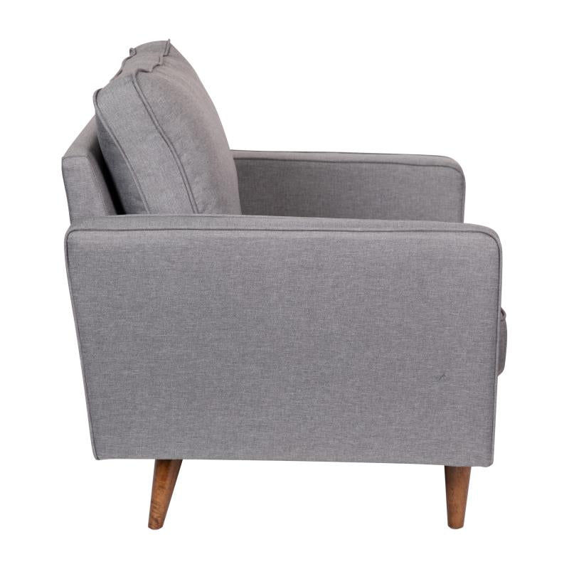 Luigi Mid-Century Modern Armchair with Tufted Light Gray Faux Linen Upholstery Wood Leg