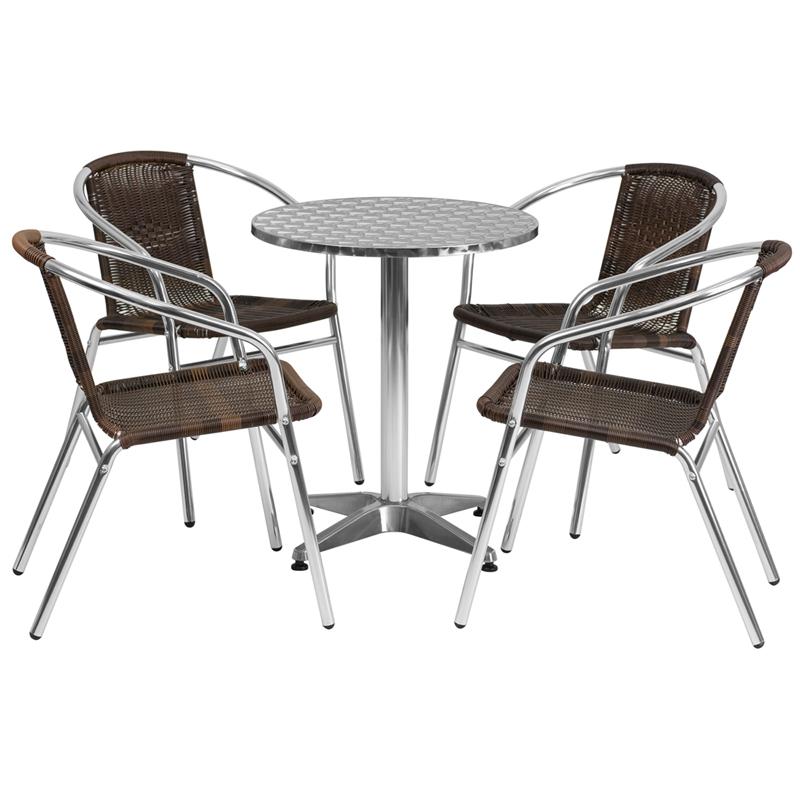 Brown Walnut Rattan Chairs With Stainless Steel Top Set In