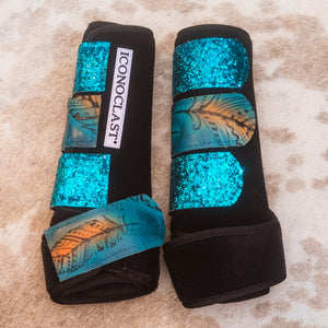 Medium Black Iconoclast Fronts w/ Turquoise Feather Leather and Turquoise Glitter Straps - TGC Brands
