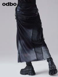 Odbo/歐迪比歐 漸變抽褶網紗半身裙女高腰夏季新款設計感小眾裙子