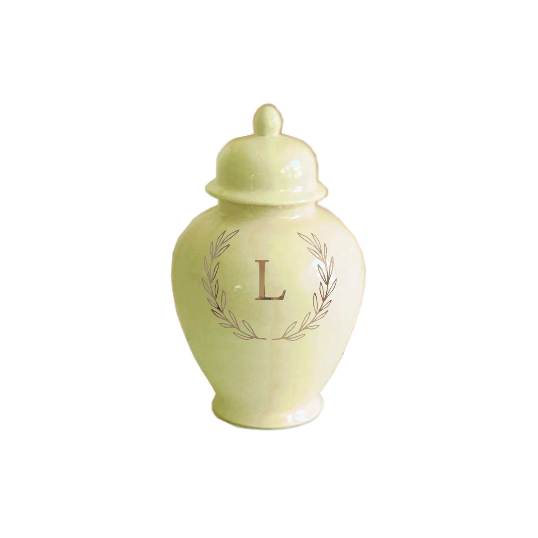 Single Letter Laurel Wreath Monogram Ginger Jars in Spring Green