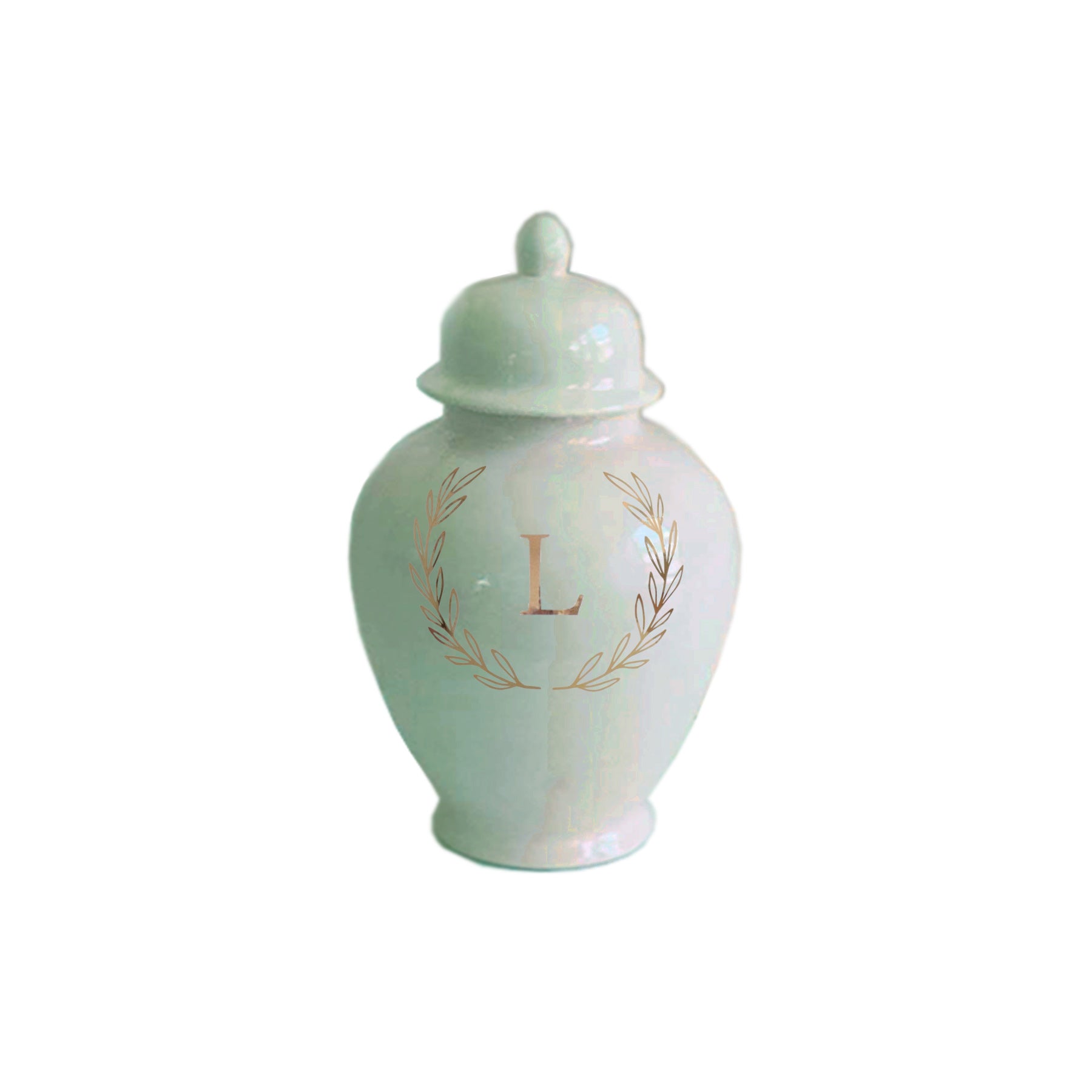 Single Letter Laurel Wreath Monogram Ginger Jars in Sea Glass