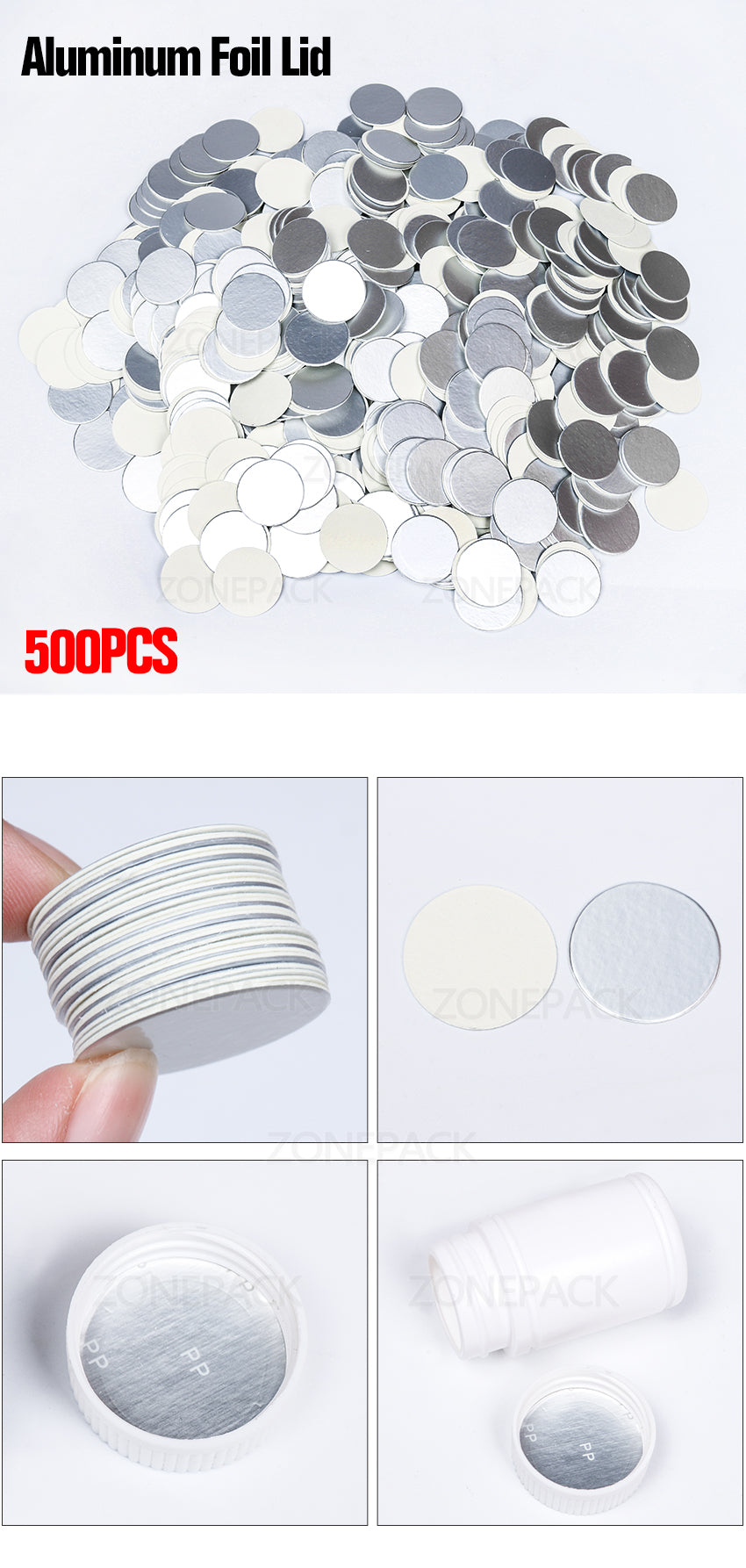 ZONEPACK Induction Sealing Customized Size Plastic laminated Aluminum Foil Lid Liners 500pcs/packed for PP PET PVC PS ABS glass bottles