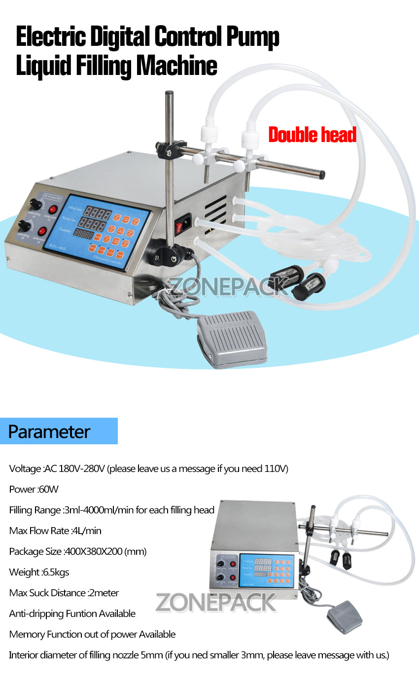ZONEPACK Двойная головка Разливочная машина Насос Цифровой наполнитель Цифровой жидкий наполнитель 3-4000 мл Для напитков Духи Вода Сок Эфирное масло с 2 насадками 