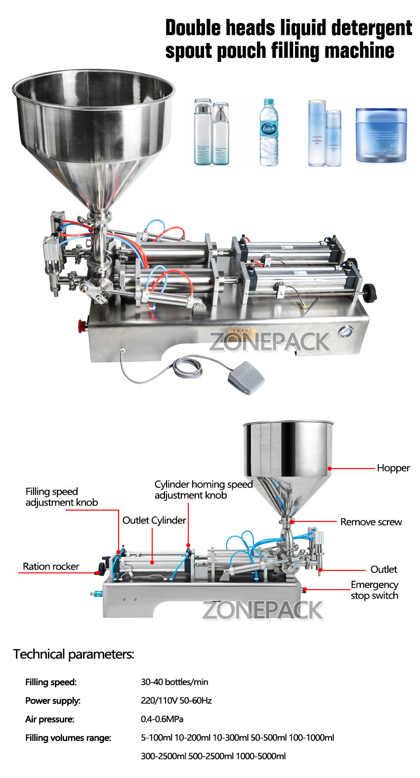 Double Heads Pneumatic Hopper Cream Oil Honey Food Paste Filling Machine ZS-GT2