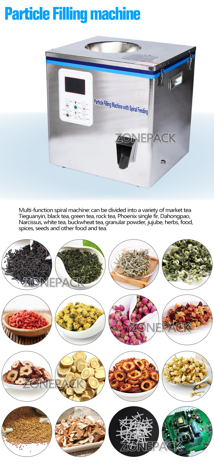 ZONEPACK Tea Filling Machine 1-32g Filling Range Automatic Weighing Machine Powder Filler