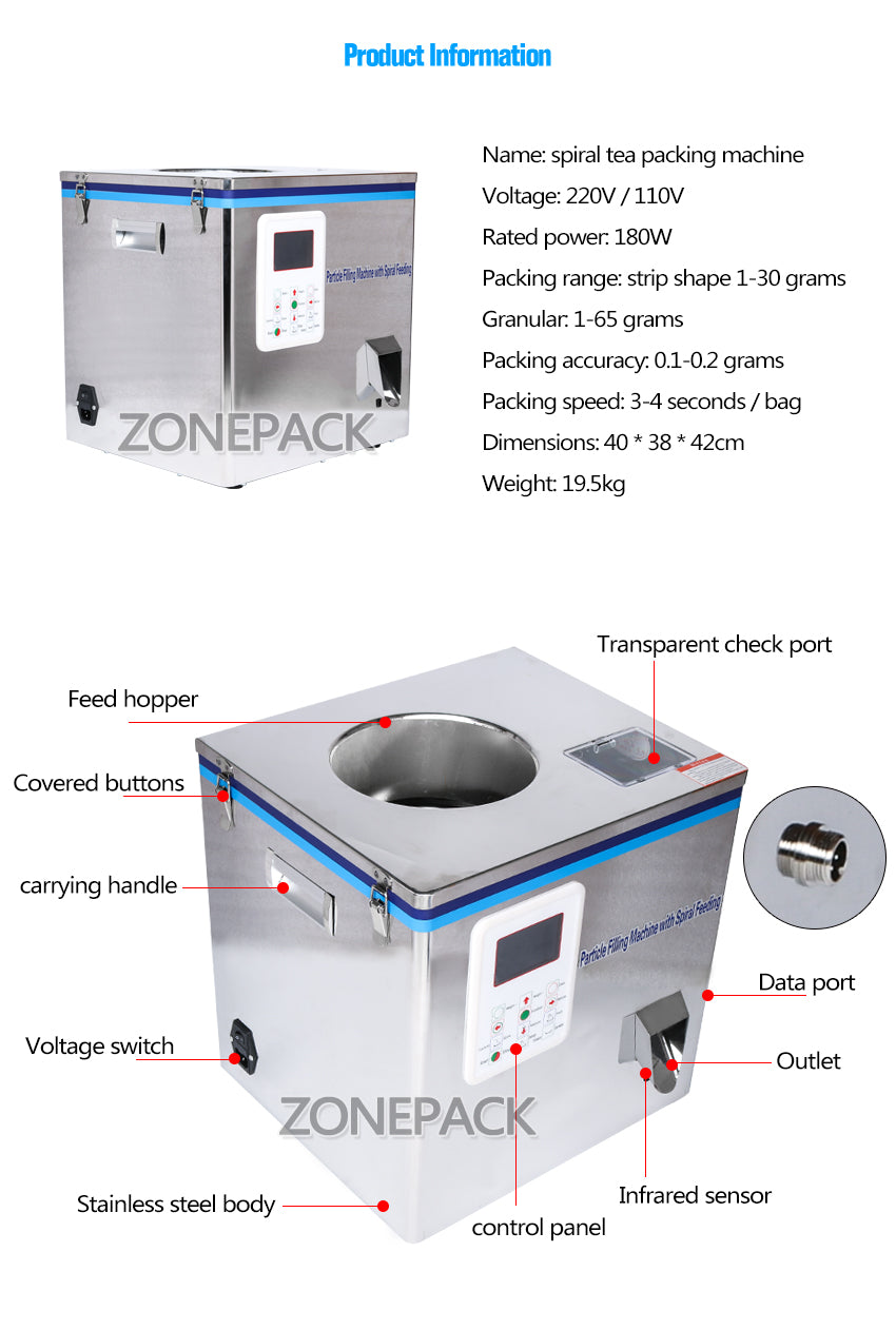 ZONEPACK Tea Filling Machine 1-32g Filling Range Automatic Weighing Machine Powder Filler