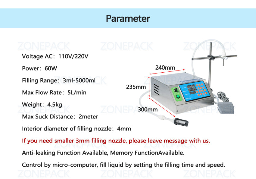 ZONEPACK Gear Pump Bottle Water Filler Semi-automatic Liquid Vial Desk-top Filling Machine for Juice Beverage Drink Oil Perfume