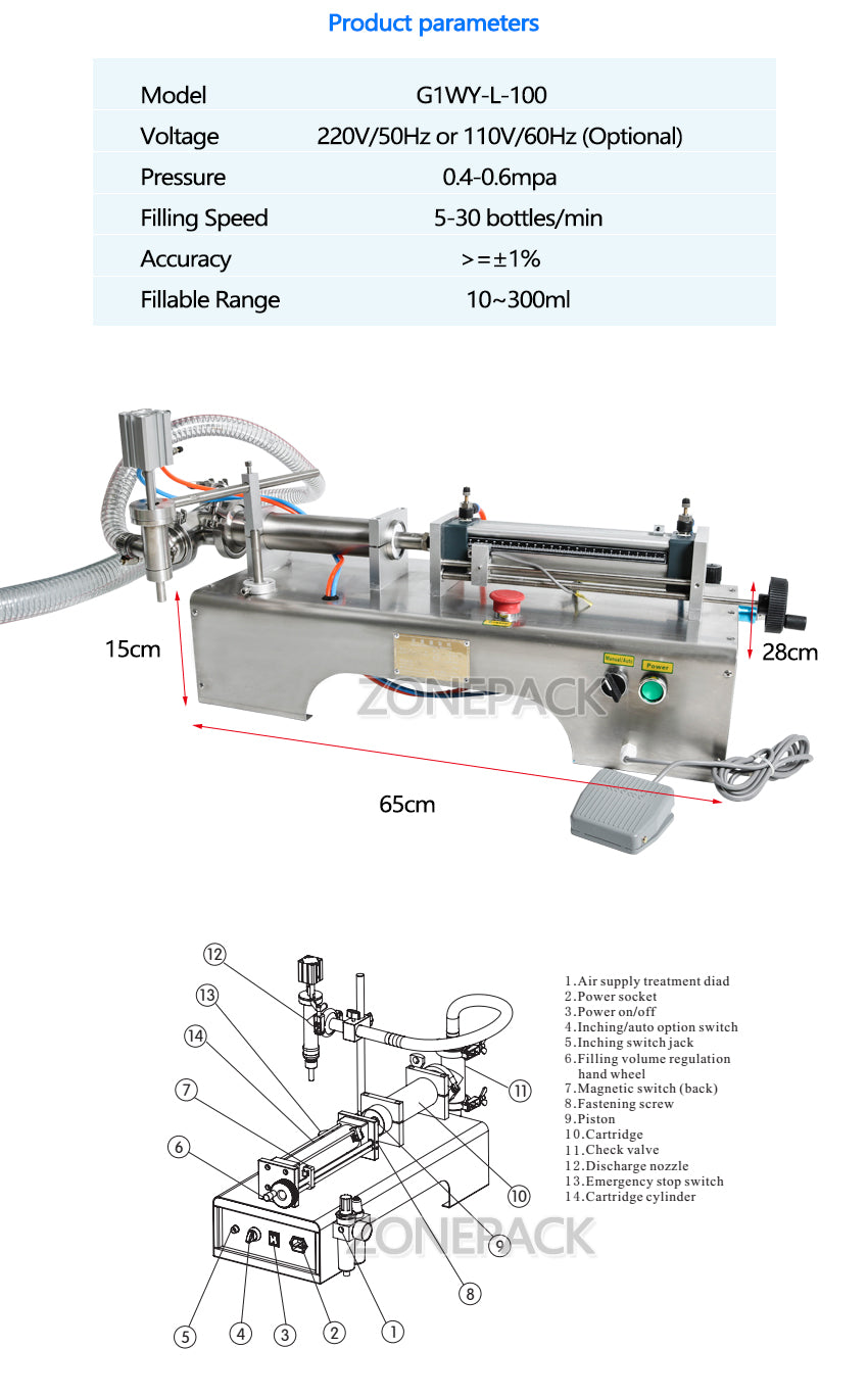 ZS-YT1 Pneumatic Piston Liquid Filler Shampoo Gel Water Wine Vinegar Coffee Oil Filling Machine